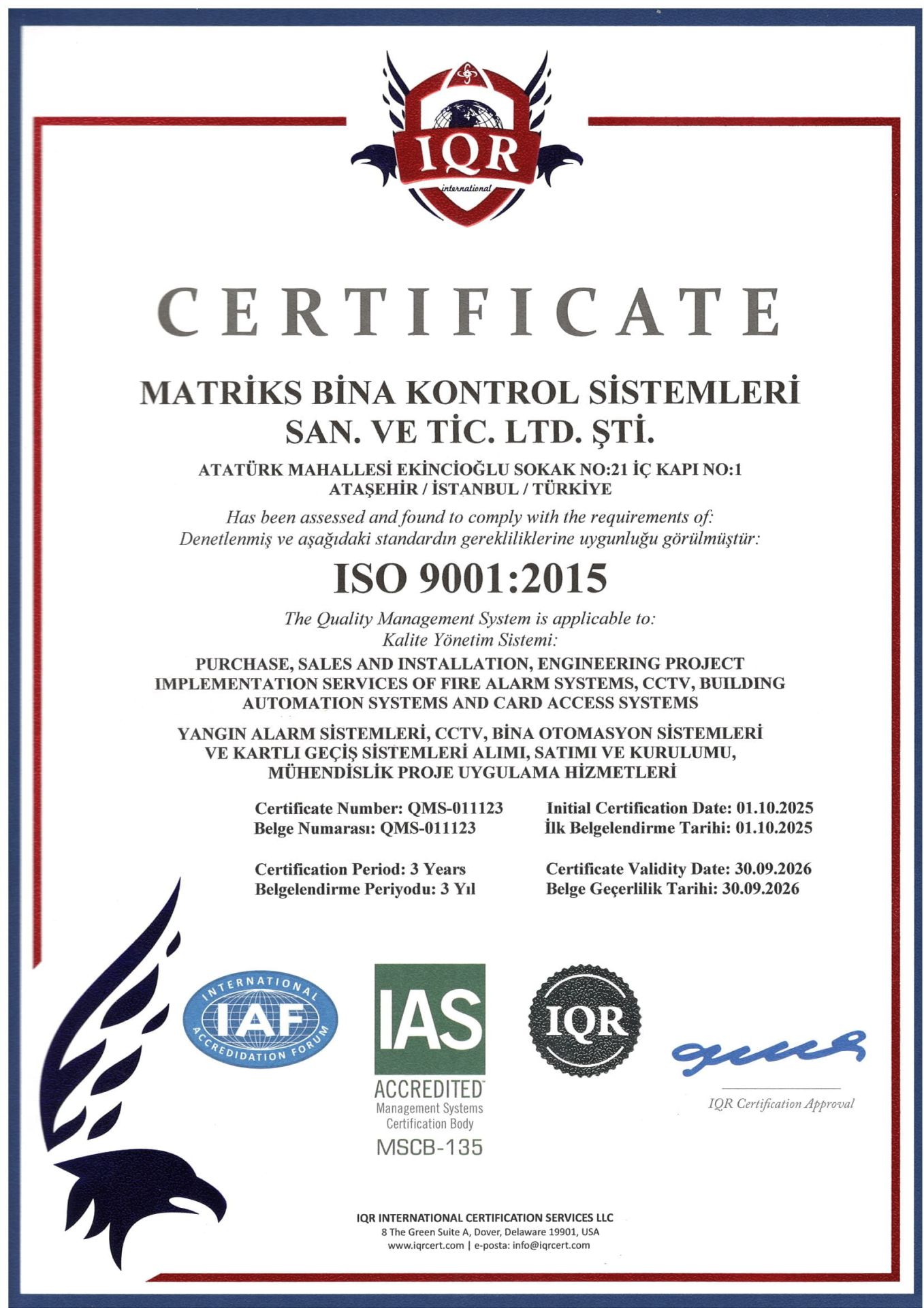 ISO 9001:2015 Kalite Yönetim Sistemi Belgesi