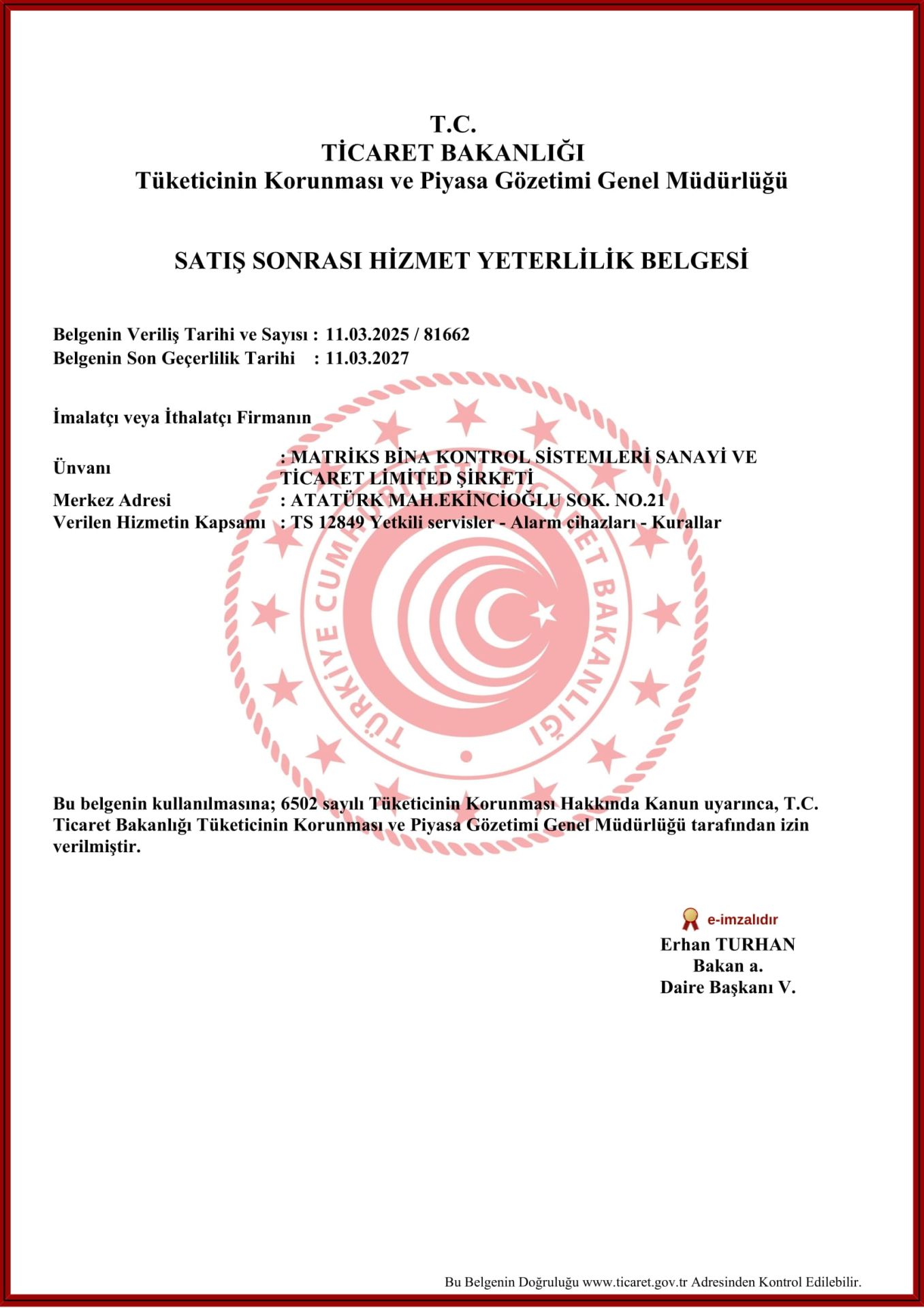 Satış Sonrası Hizmet Yeterlilik Belgesi - Alarm Sistemleri