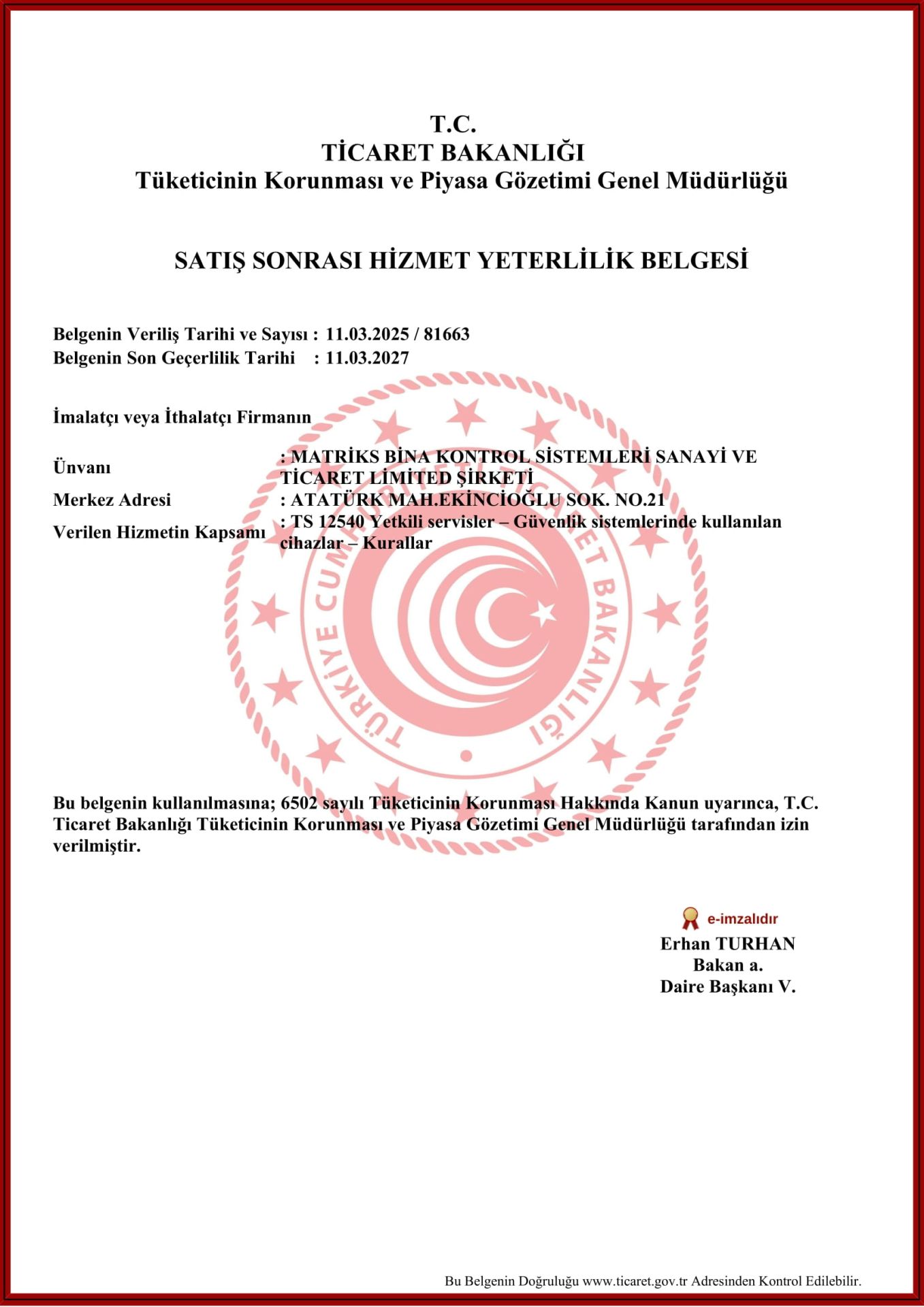 Satış Sonrası Hizmet Yeterlilik Belgesi - Güvenlik Sistemleri
